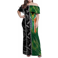 Custom Aotearoa South Africa Rugby Freedom Cup Family Matching Off Shoulder Maxi Dress and Hawaiian Shirt Maori Silver Fern Art and Sporty Flag SA LT03 Mom's Dress Black - Polynesian Pride