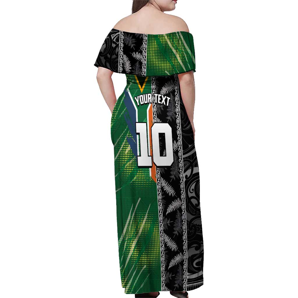 Custom Aotearoa South Africa Rugby Freedom Cup Family Matching Off Shoulder Maxi Dress and Hawaiian Shirt Maori Silver Fern Art and Sporty Flag SA LT03 - Polynesian Pride
