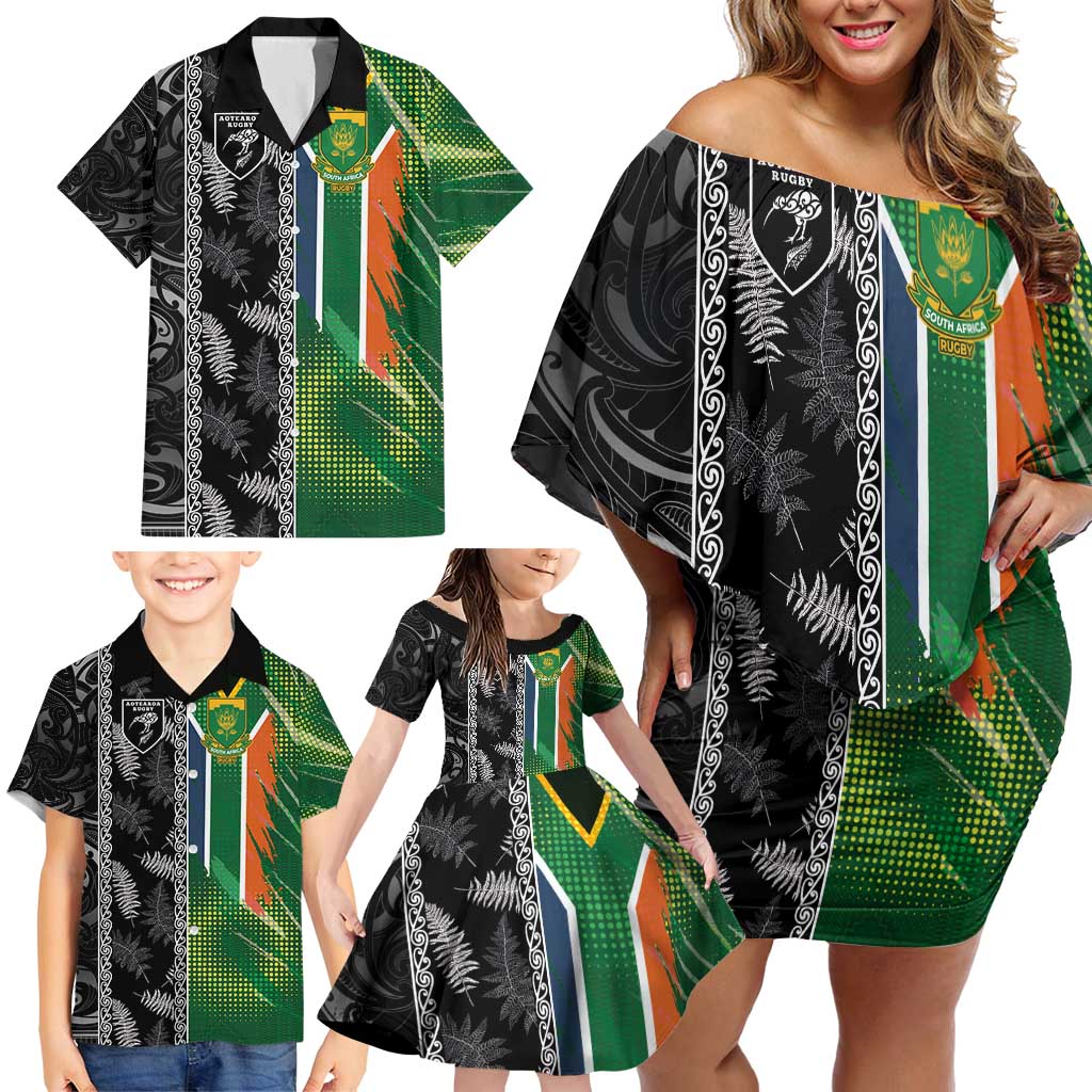Custom Aotearoa South Africa Rugby Freedom Cup Family Matching Off Shoulder Short Dress and Hawaiian Shirt Maori Silver Fern Art and Sporty Flag SA LT03 - Polynesian Pride