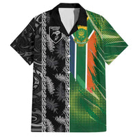 Custom Aotearoa South Africa Rugby Freedom Cup Family Matching Off Shoulder Short Dress and Hawaiian Shirt Maori Silver Fern Art and Sporty Flag SA LT03 Dad's Shirt - Short Sleeve Black - Polynesian Pride