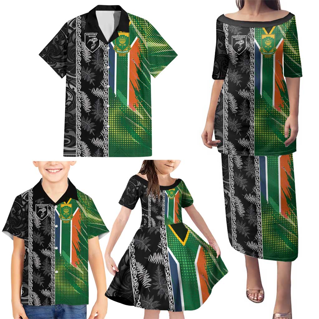 Custom Aotearoa South Africa Rugby Freedom Cup Family Matching Puletasi and Hawaiian Shirt Maori Silver Fern Art and Sporty Flag SA - Polynesian Pride
