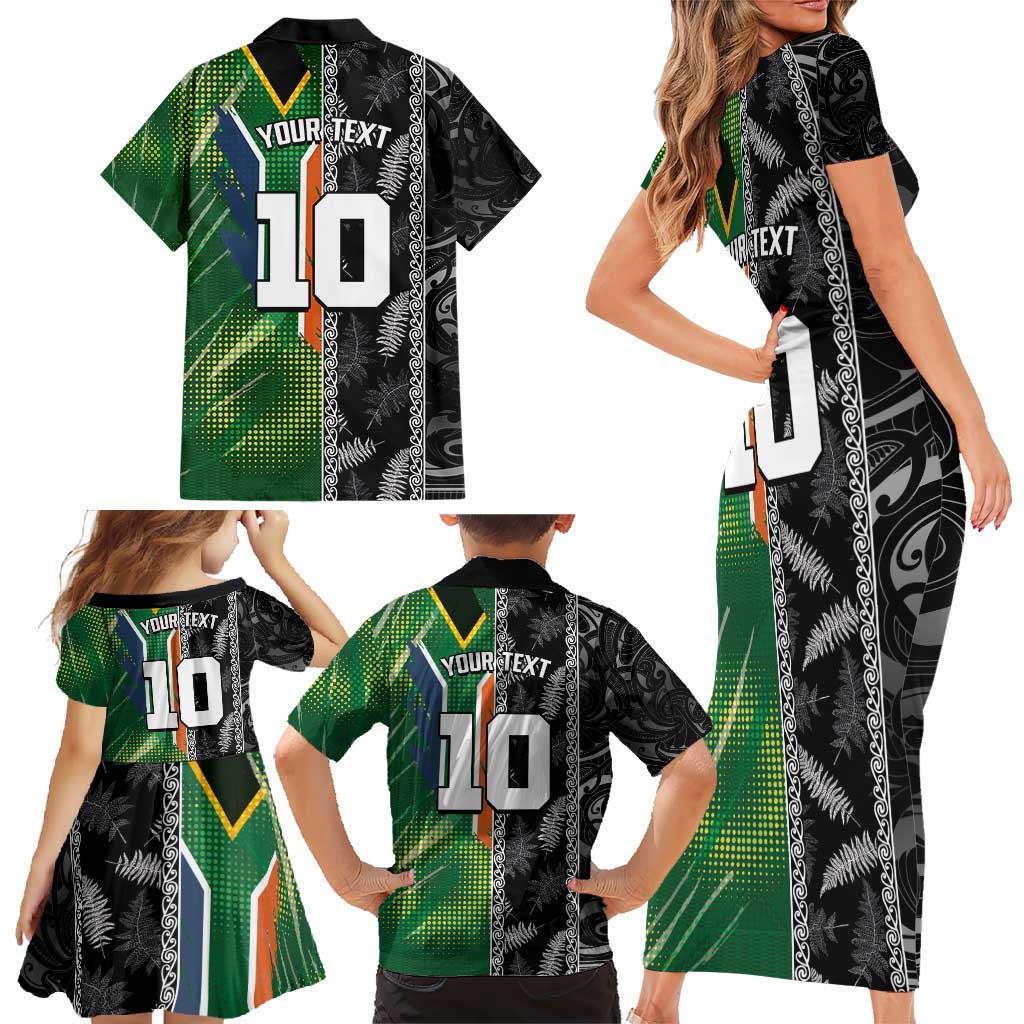 Custom Aotearoa South Africa Rugby Freedom Cup Family Matching Short Sleeve Bodycon Dress and Hawaiian Shirt Maori Silver Fern Art and Sporty Flag SA LT03 - Polynesian Pride