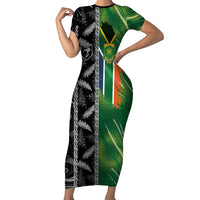 Custom Aotearoa South Africa Rugby Freedom Cup Family Matching Short Sleeve Bodycon Dress and Hawaiian Shirt Maori Silver Fern Art and Sporty Flag SA LT03 Mom's Dress Black - Polynesian Pride