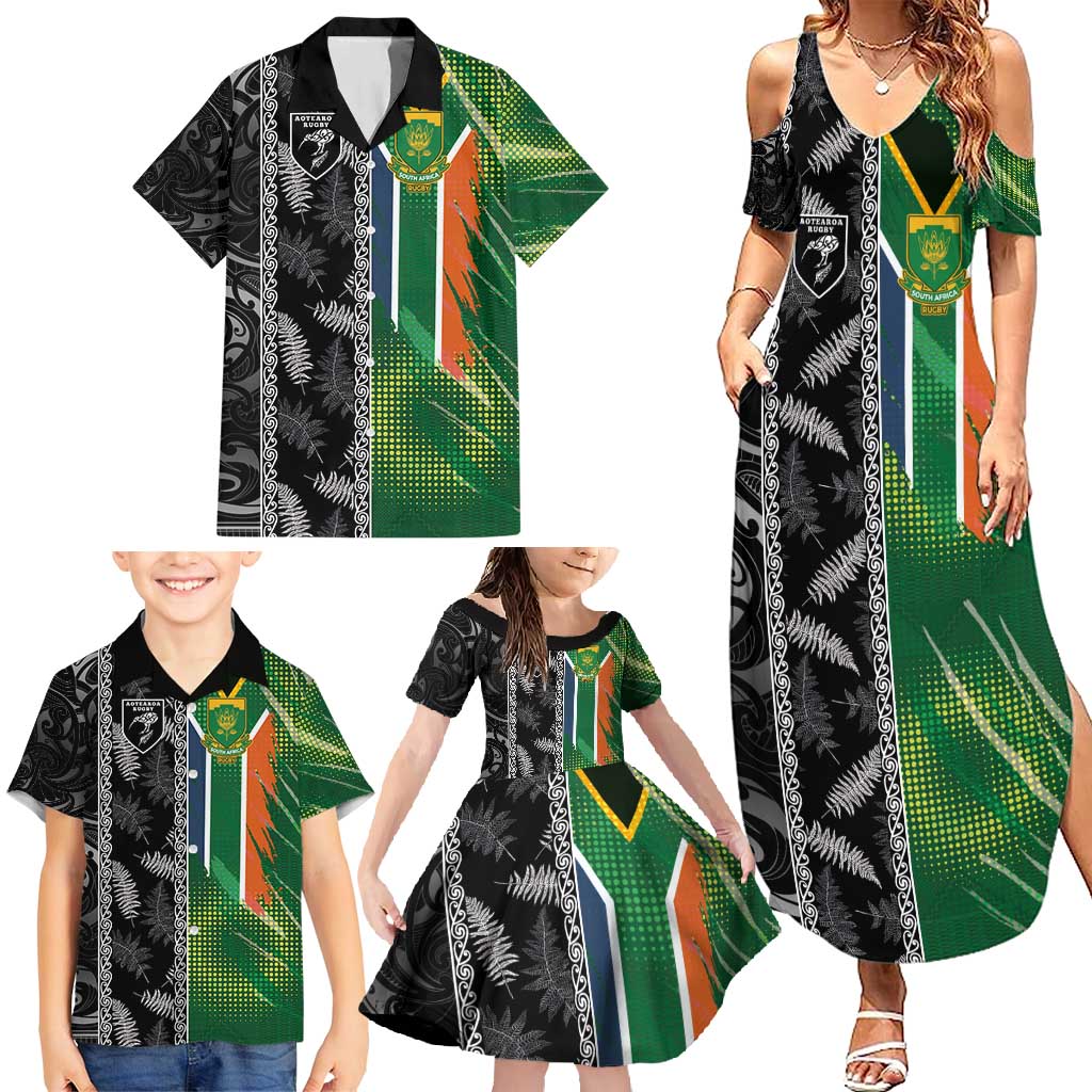 Custom Aotearoa South Africa Rugby Freedom Cup Family Matching Summer Maxi Dress and Hawaiian Shirt Maori Silver Fern Art and Sporty Flag SA LT03 - Polynesian Pride