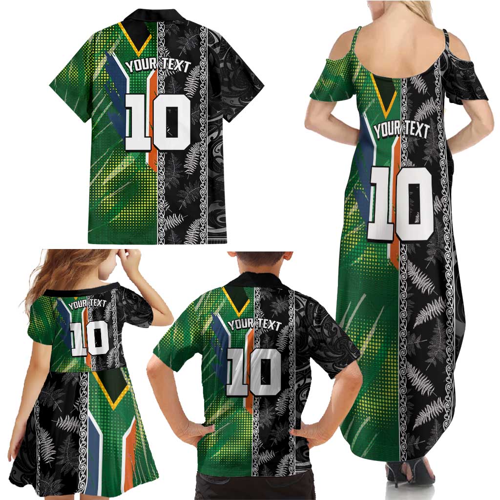 Custom Aotearoa South Africa Rugby Freedom Cup Family Matching Summer Maxi Dress and Hawaiian Shirt Maori Silver Fern Art and Sporty Flag SA LT03 - Polynesian Pride