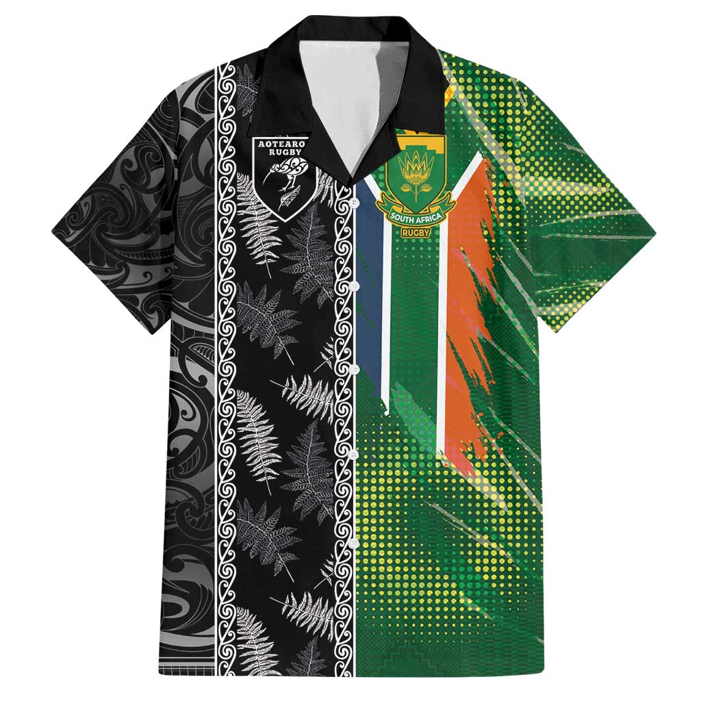 Custom Aotearoa South Africa Rugby Freedom Cup Family Matching Summer Maxi Dress and Hawaiian Shirt Maori Silver Fern Art and Sporty Flag SA LT03 Dad's Shirt - Short Sleeve Black - Polynesian Pride