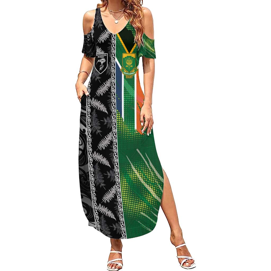 Custom Aotearoa South Africa Rugby Freedom Cup Family Matching Summer Maxi Dress and Hawaiian Shirt Maori Silver Fern Art and Sporty Flag SA LT03 Mom's Dress Black - Polynesian Pride