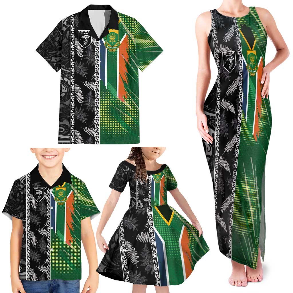 Custom Aotearoa South Africa Rugby Freedom Cup Family Matching Tank Maxi Dress and Hawaiian Shirt Maori Silver Fern Art and Sporty Flag SA LT03 - Polynesian Pride