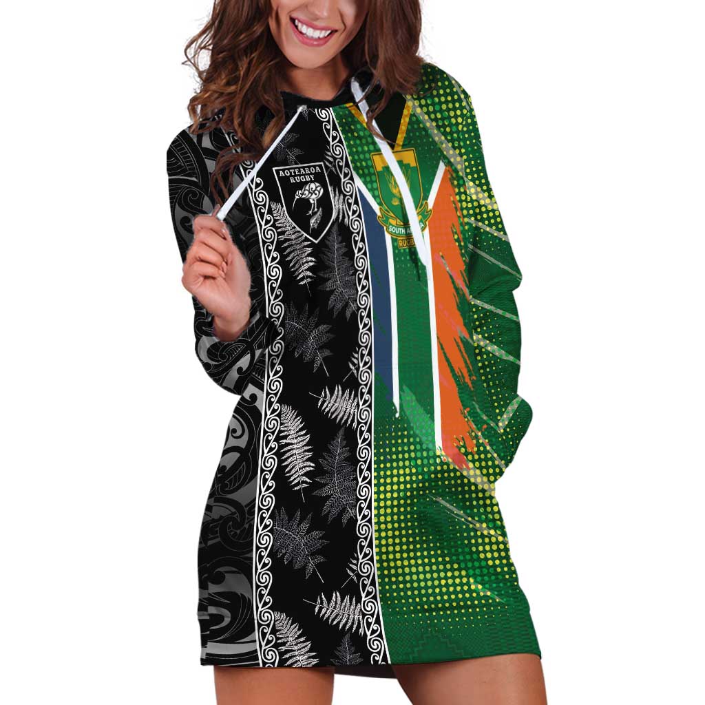Custom Aotearoa South Africa Rugby Freedom Cup Hoodie Dress Maori Silver Fern Art and Sporty Flag SA LT03 Black - Polynesian Pride