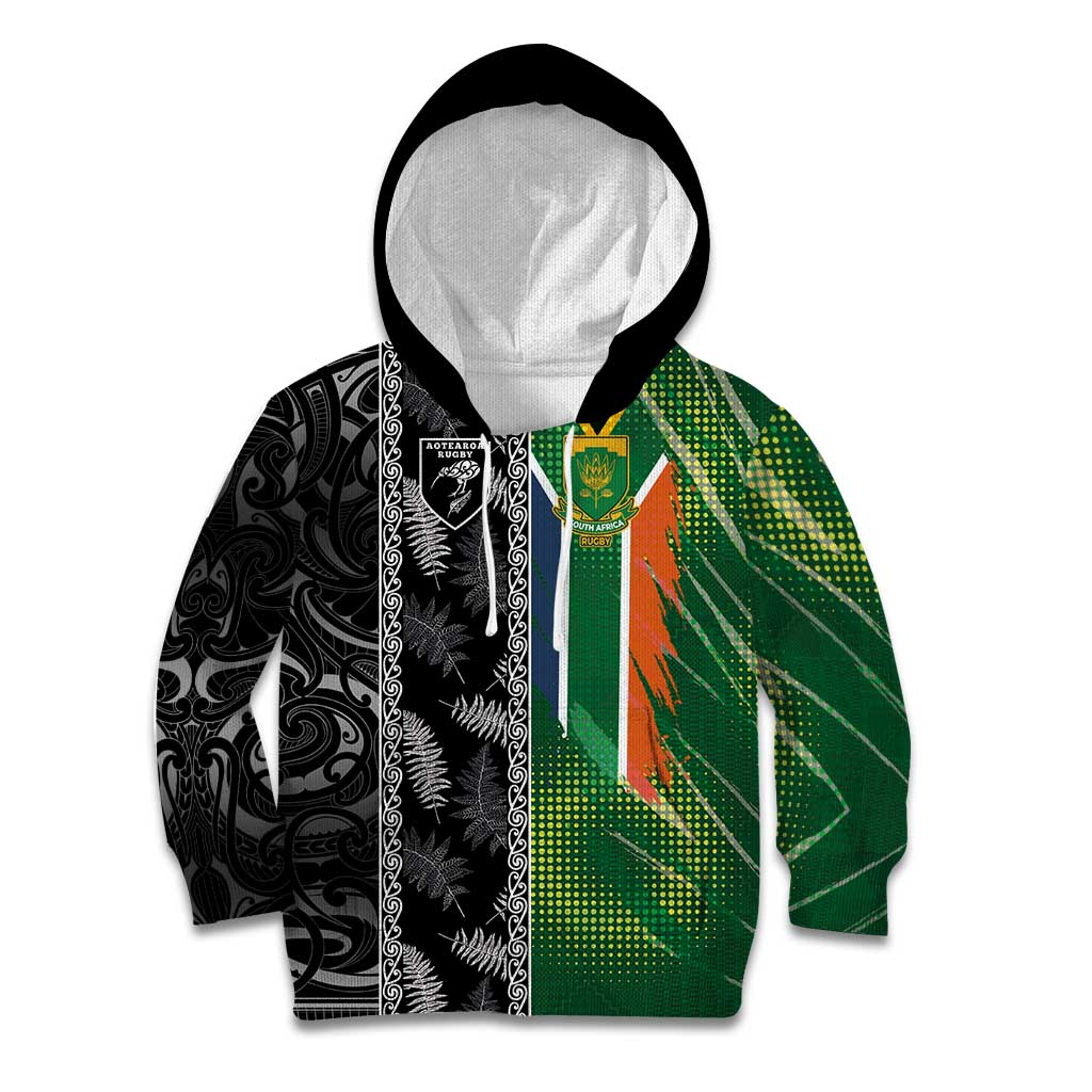 Custom Aotearoa South Africa Rugby Freedom Cup Kid Hoodie Maori Silver Fern Art and Sporty Flag SA LT03 Hoodie Black - Polynesian Pride