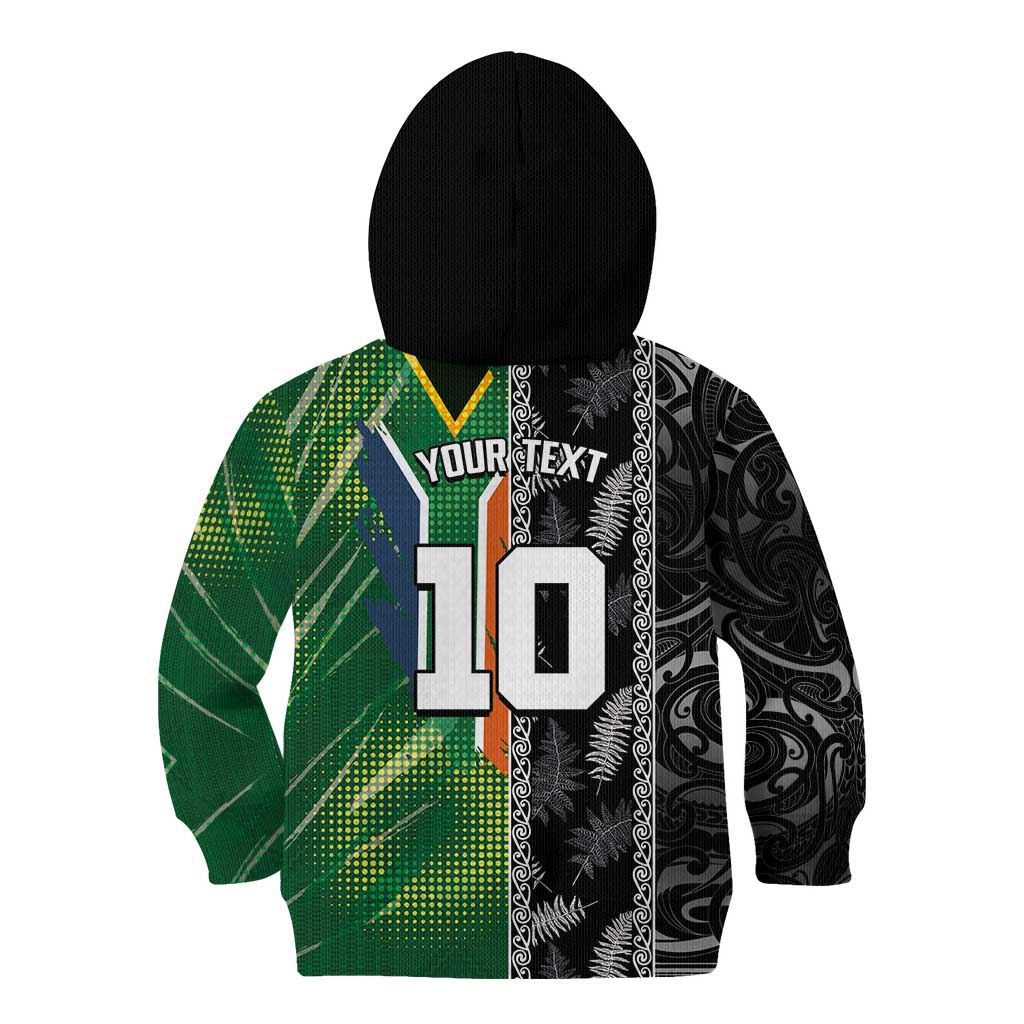 Custom Aotearoa South Africa Rugby Freedom Cup Kid Hoodie Maori Silver Fern Art and Sporty Flag SA LT03 - Polynesian Pride