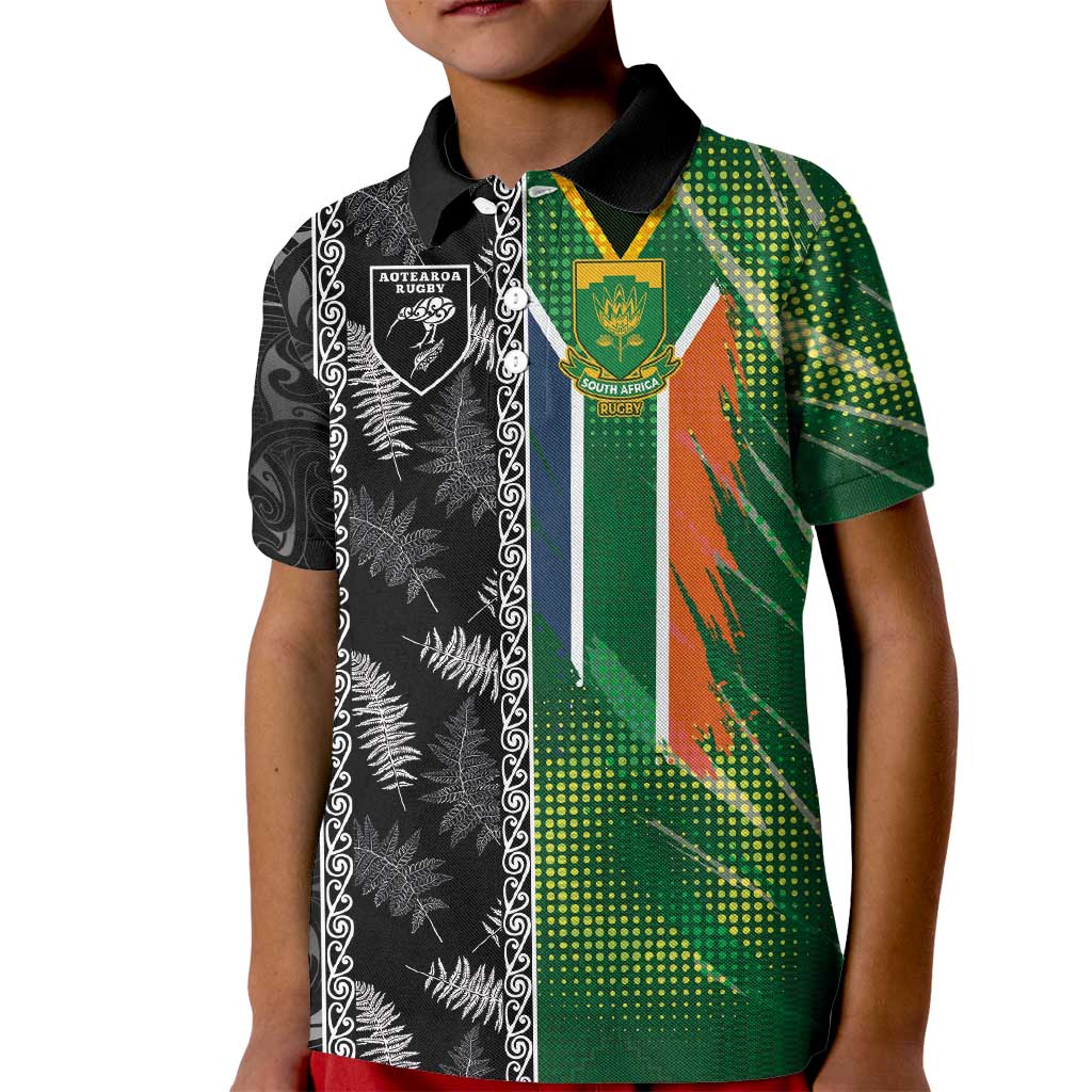 Custom Aotearoa South Africa Rugby Freedom Cup Kid Polo Shirt Maori Silver Fern Art and Sporty Flag SA LT03 Kid Black - Polynesian Pride