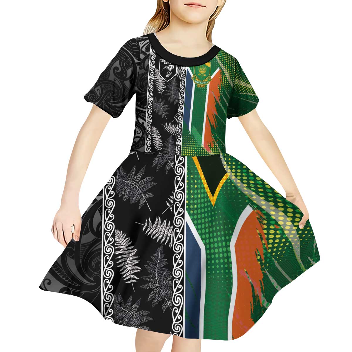 Custom Aotearoa South Africa Rugby Freedom Cup Kid Short Sleeve Dress Maori Silver Fern Art and Sporty Flag SA - Polynesian Pride