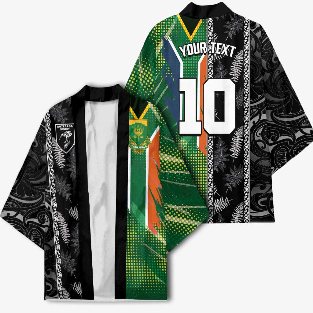 Custom Aotearoa South Africa Rugby Freedom Cup Kimono Maori Silver Fern Art and Sporty Flag SA LT03 - Polynesian Pride
