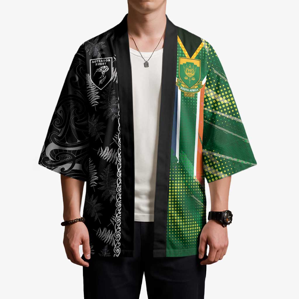 Custom Aotearoa South Africa Rugby Freedom Cup Kimono Maori Silver Fern Art and Sporty Flag SA LT03 - Polynesian Pride