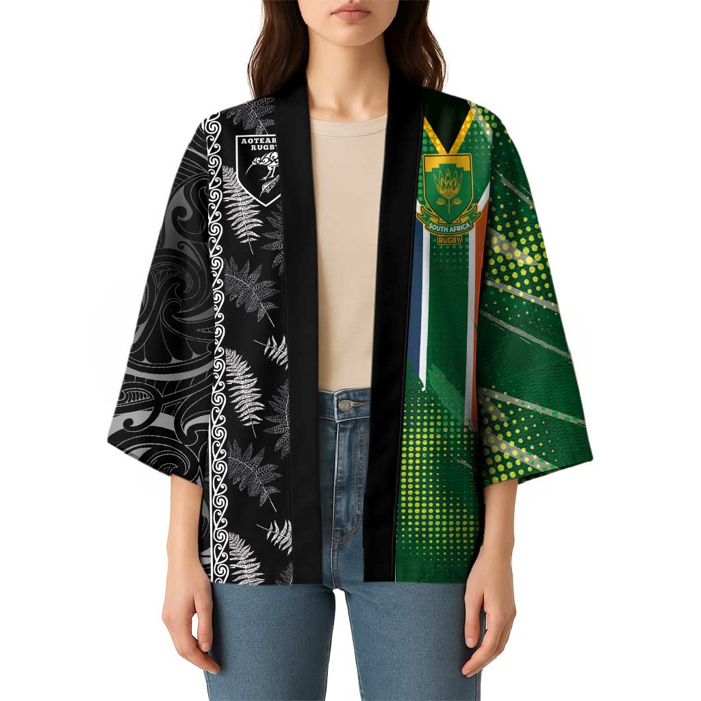 Custom Aotearoa South Africa Rugby Freedom Cup Kimono Maori Silver Fern Art and Sporty Flag SA LT03 - Polynesian Pride