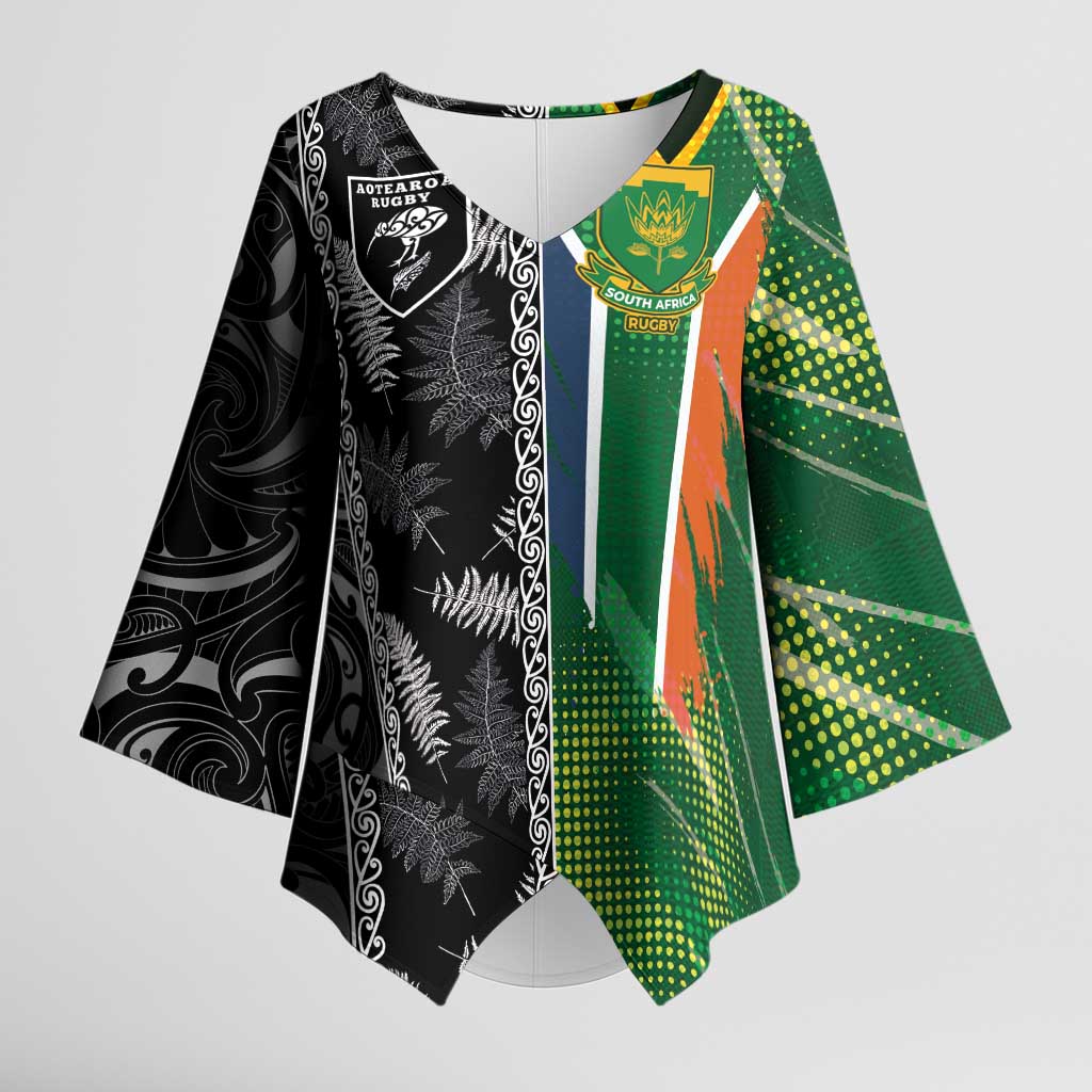 Custom Aotearoa South Africa Rugby Freedom Cup Kimono Sleeve Blouse Maori Silver Fern Art and Sporty Flag SA LT03 Female Black - Polynesian Pride