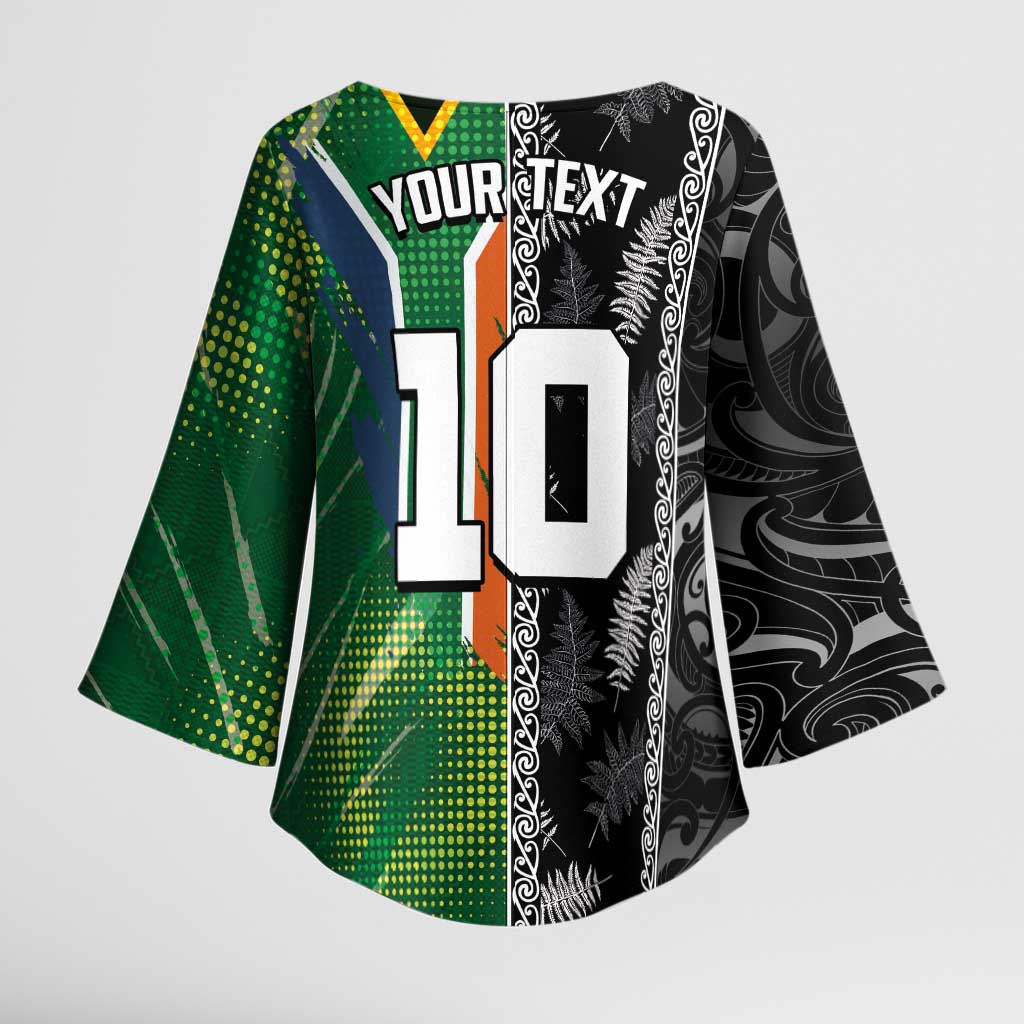 Custom Aotearoa South Africa Rugby Freedom Cup Kimono Sleeve Blouse Maori Silver Fern Art and Sporty Flag SA LT03 - Polynesian Pride