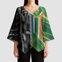 Custom Aotearoa South Africa Rugby Freedom Cup Kimono Sleeve Blouse Maori Silver Fern Art and Sporty Flag SA LT03 - Polynesian Pride