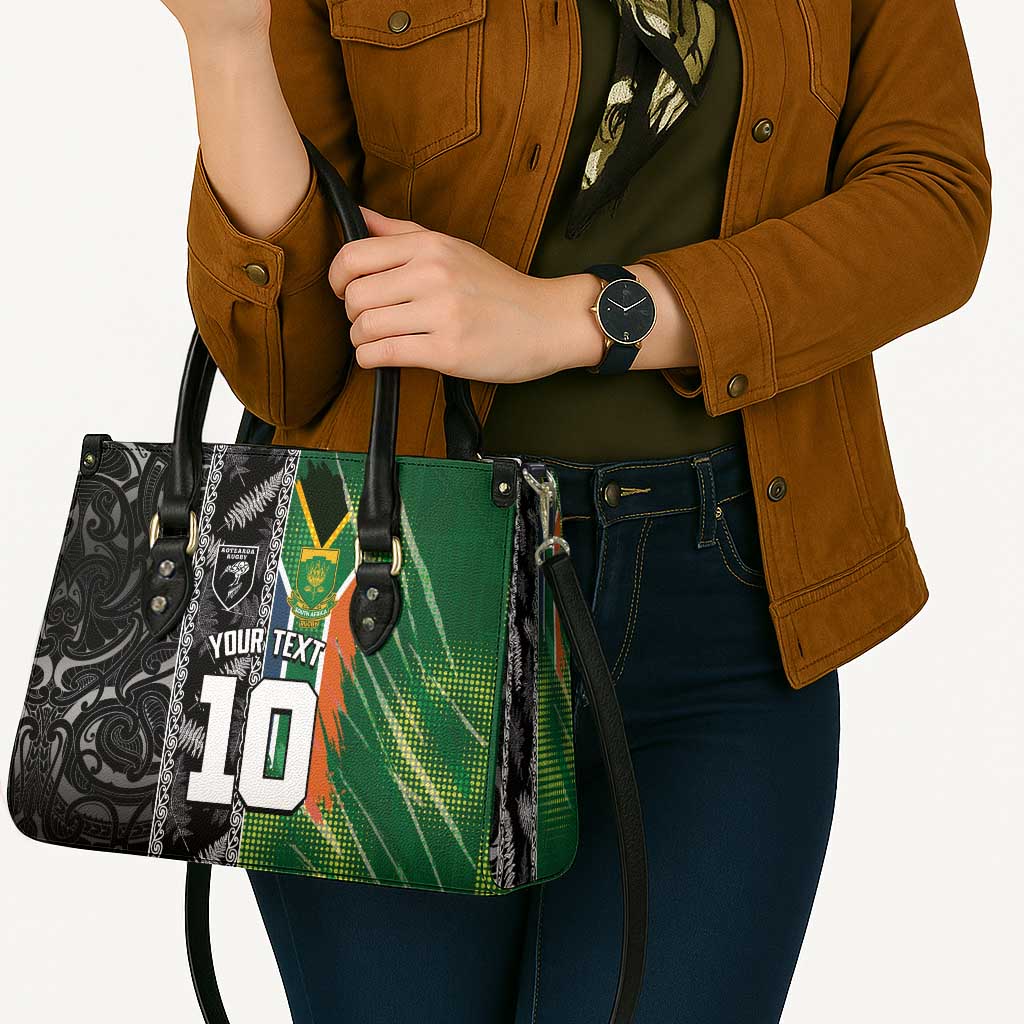 Custom Aotearoa South Africa Rugby Freedom Cup Leather Bag Maori Silver Fern Art and Sporty Flag SA LT03 - Polynesian Pride