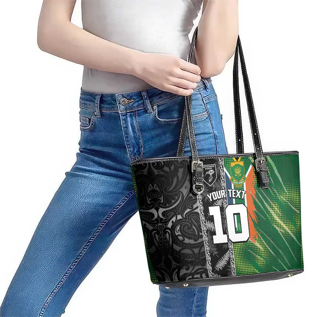 Custom Aotearoa South Africa Rugby Freedom Cup Leather Tote Bag Maori Silver Fern Art and Sporty Flag SA LT03 - Polynesian Pride