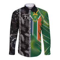 Custom Aotearoa South Africa Rugby Freedom Cup Long Sleeve Button Shirt Maori Silver Fern Art and Sporty Flag SA - Polynesian Pride