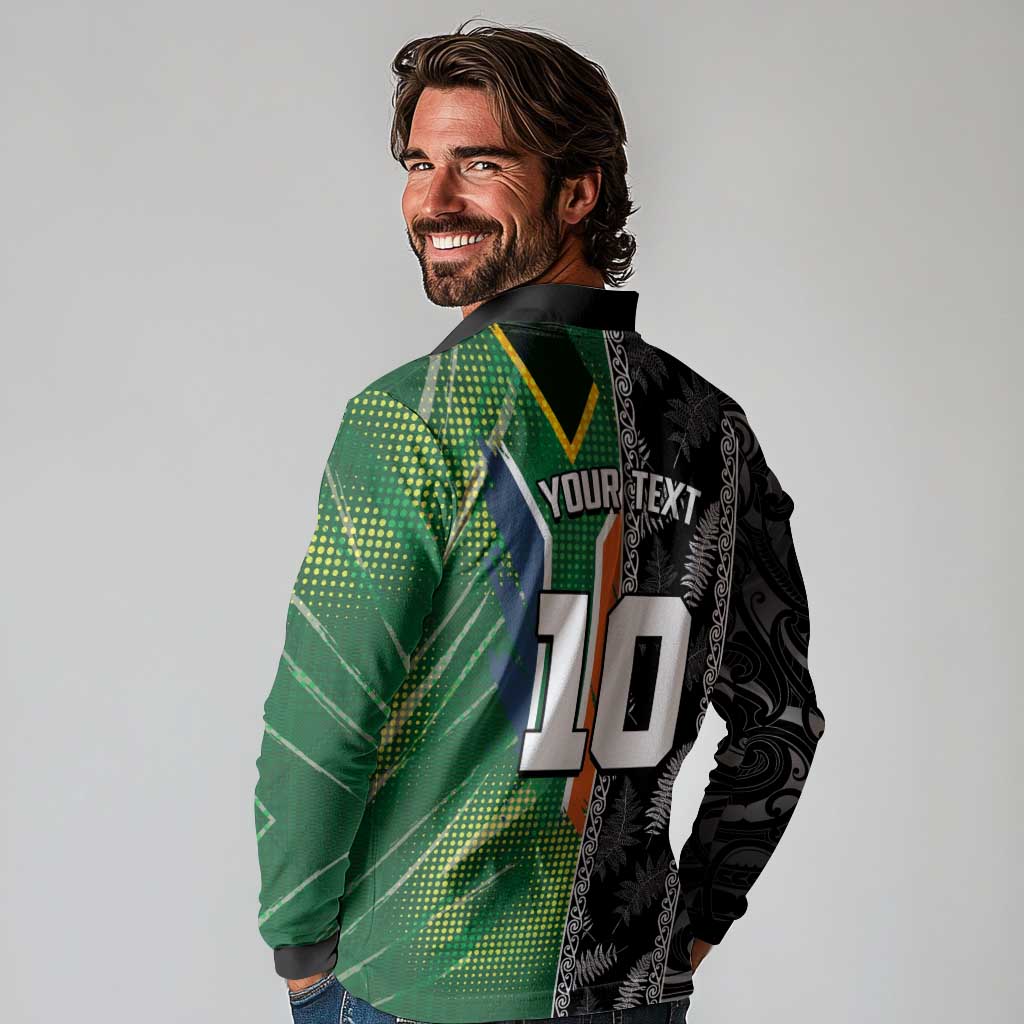 Custom Aotearoa South Africa Rugby Freedom Cup Long Sleeve Polo Shirt Maori Silver Fern Art and Sporty Flag SA LT03 - Polynesian Pride
