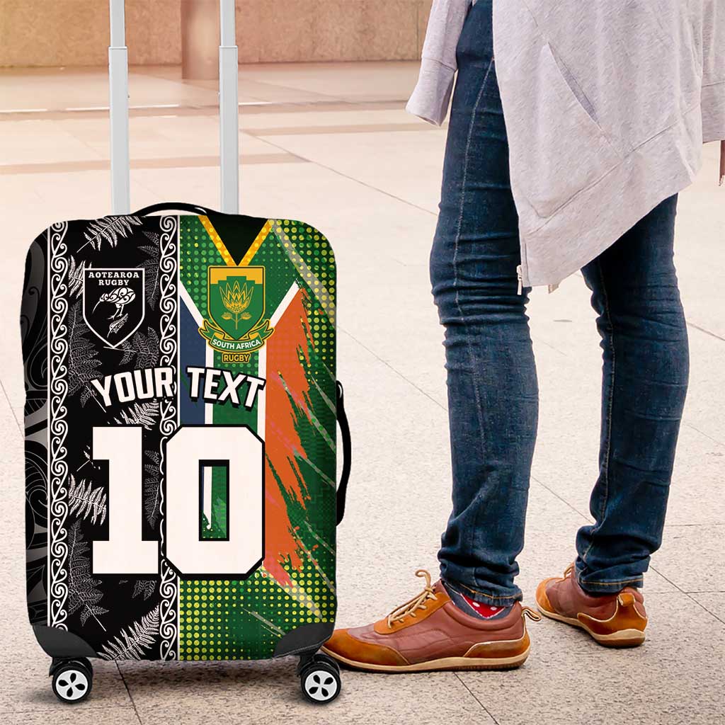 Custom Aotearoa South Africa Rugby Freedom Cup Luggage Cover Maori Silver Fern Art and Sporty Flag SA LT03 Black - Polynesian Pride
