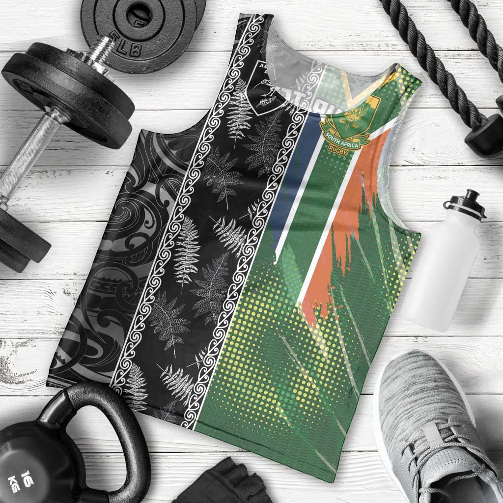 Custom Aotearoa South Africa Rugby Freedom Cup Men Tank Top Maori Silver Fern Art and Sporty Flag SA LT03 - Polynesian Pride