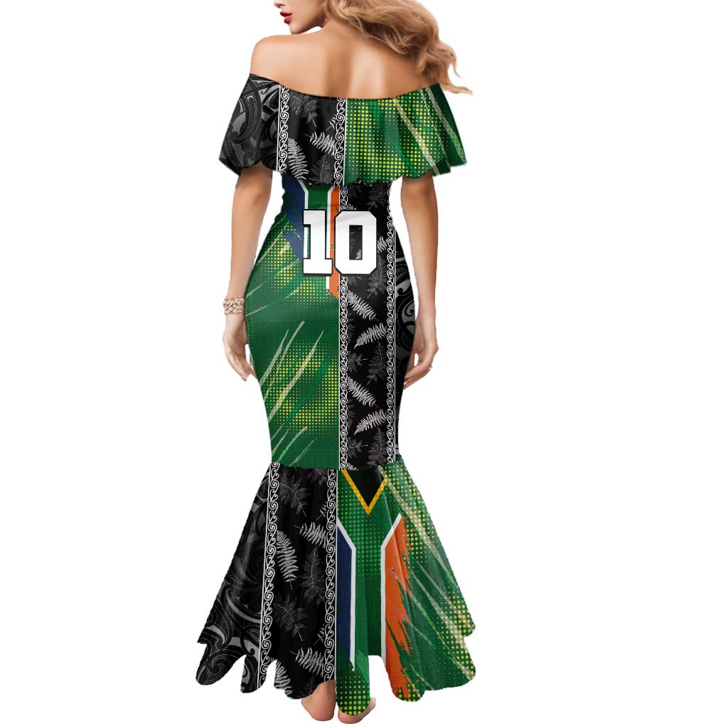 Custom Aotearoa South Africa Rugby Freedom Cup Mermaid Dress Maori Silver Fern Art and Sporty Flag SA LT03 - Polynesian Pride