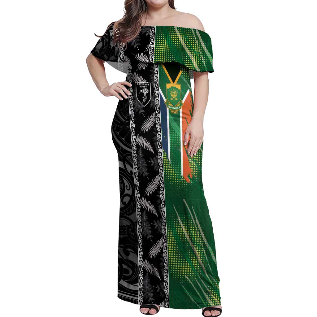 Custom Aotearoa South Africa Rugby Freedom Cup Off Shoulder Maxi Dress Maori Silver Fern Art and Sporty Flag SA LT03 Women Black - Polynesian Pride
