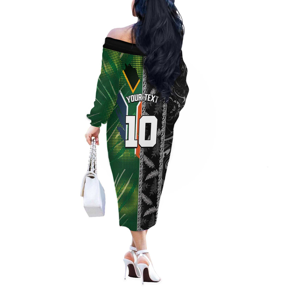 Custom Aotearoa South Africa Rugby Freedom Cup Off The Shoulder Long Sleeve Dress Maori Silver Fern Art and Sporty Flag SA LT03 - Polynesian Pride