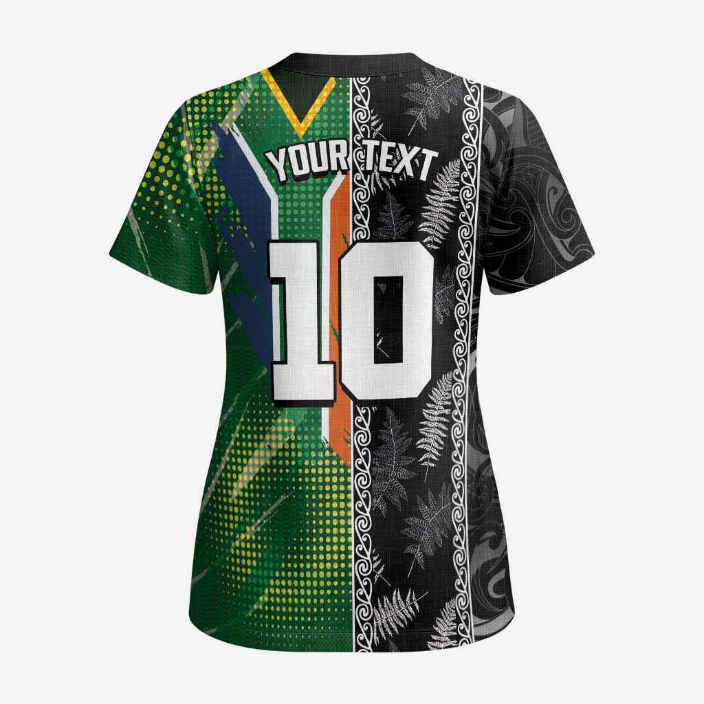 Custom Aotearoa South Africa Rugby Freedom Cup Scrub Top Maori Silver Fern Art and Sporty Flag SA LT03 - Polynesian Pride