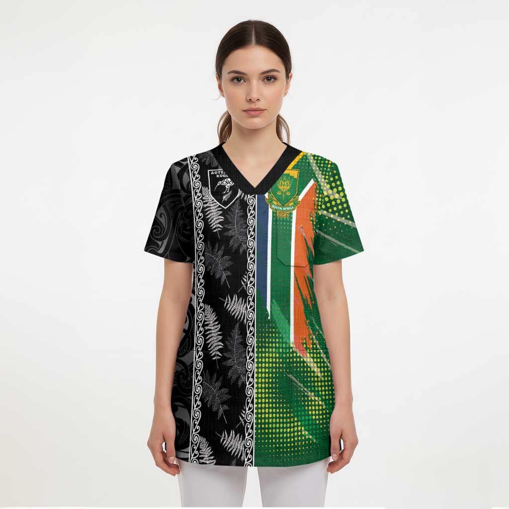 Custom Aotearoa South Africa Rugby Freedom Cup Scrub Top Maori Silver Fern Art and Sporty Flag SA LT03 - Polynesian Pride