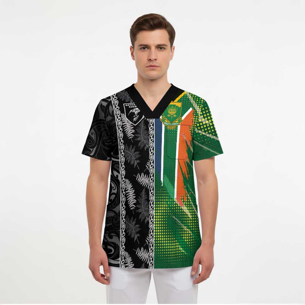 Custom Aotearoa South Africa Rugby Freedom Cup Scrub Top Maori Silver Fern Art and Sporty Flag SA LT03 - Polynesian Pride