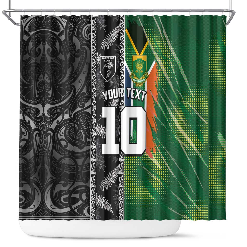 Custom Aotearoa South Africa Rugby Freedom Cup Shower Curtain Maori Silver Fern Art and Sporty Flag SA LT03 Black - Polynesian Pride