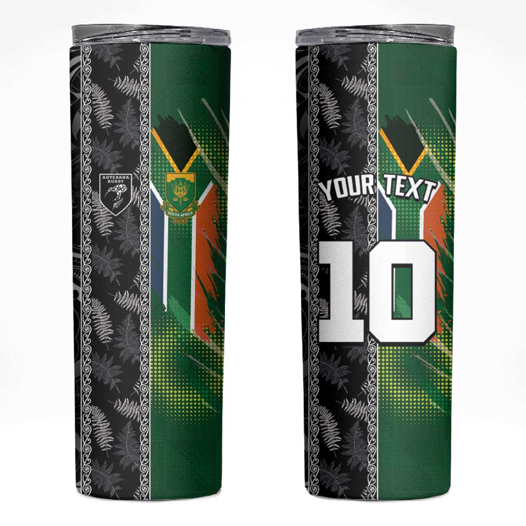 Custom Aotearoa South Africa Rugby Freedom Cup Skinny Tumbler Maori Silver Fern Art and Sporty Flag SA LT03 Black - Polynesian Pride
