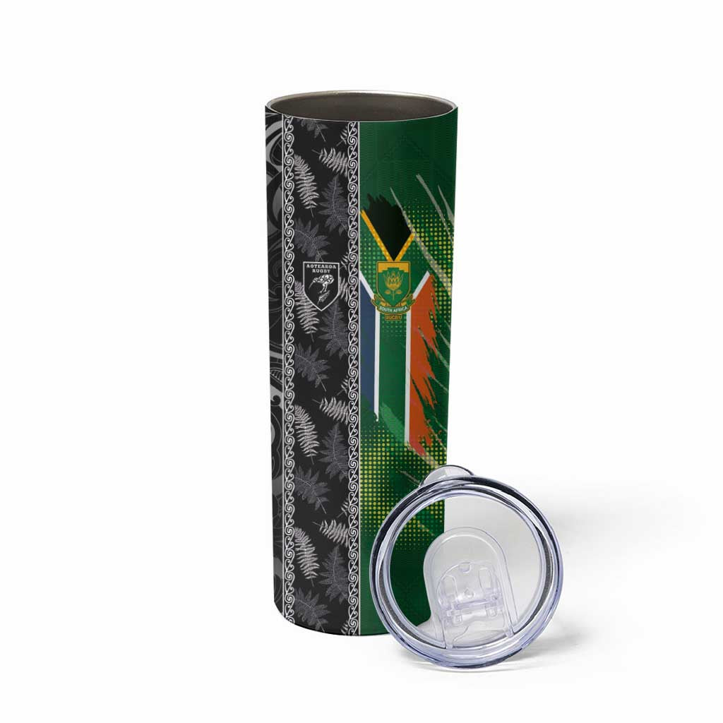 Custom Aotearoa South Africa Rugby Freedom Cup Skinny Tumbler Maori Silver Fern Art and Sporty Flag SA LT03 - Polynesian Pride