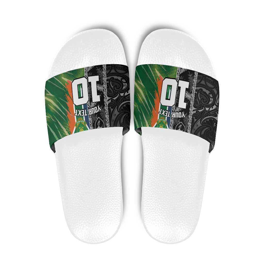 Custom Aotearoa South Africa Rugby Freedom Cup Slide Sandals Maori Silver Fern Art and Sporty Flag SA LT03 Black - Polynesian Pride