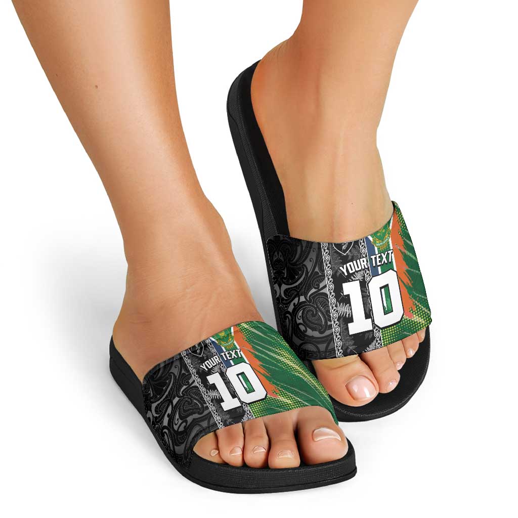 Custom Aotearoa South Africa Rugby Freedom Cup Slide Sandals Maori Silver Fern Art and Sporty Flag SA LT03 - Polynesian Pride