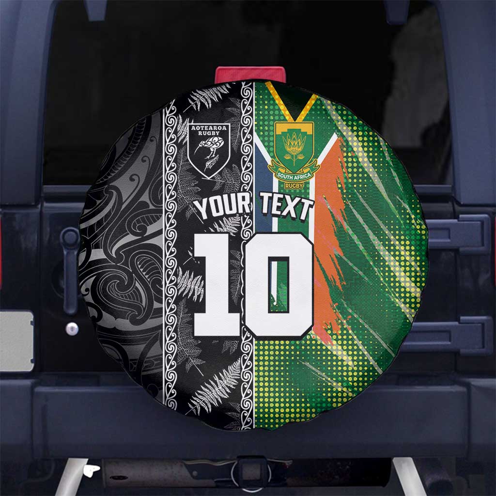 Custom Aotearoa South Africa Rugby Freedom Cup Spare Tire Cover Maori Silver Fern Art and Sporty Flag SA LT03 No hole Black - Polynesian Pride