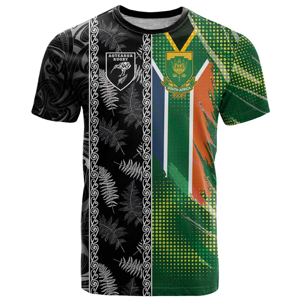 Custom Aotearoa South Africa Rugby Freedom Cup T Shirt Maori Silver Fern Art and Sporty Flag SA LT03 Black - Polynesian Pride