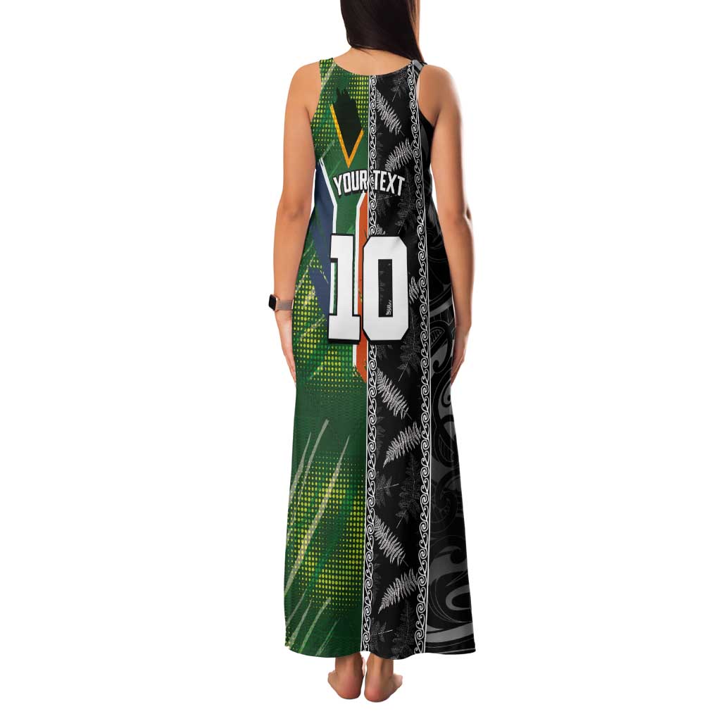 Custom Aotearoa South Africa Rugby Freedom Cup Tank Maxi Dress Maori Silver Fern Art and Sporty Flag SA LT03 - Polynesian Pride