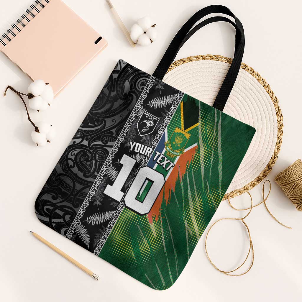 Custom Aotearoa South Africa Rugby Freedom Cup Tote Bag Maori Silver Fern Art and Sporty Flag SA LT03 Black Strap One Size Black - Polynesian Pride