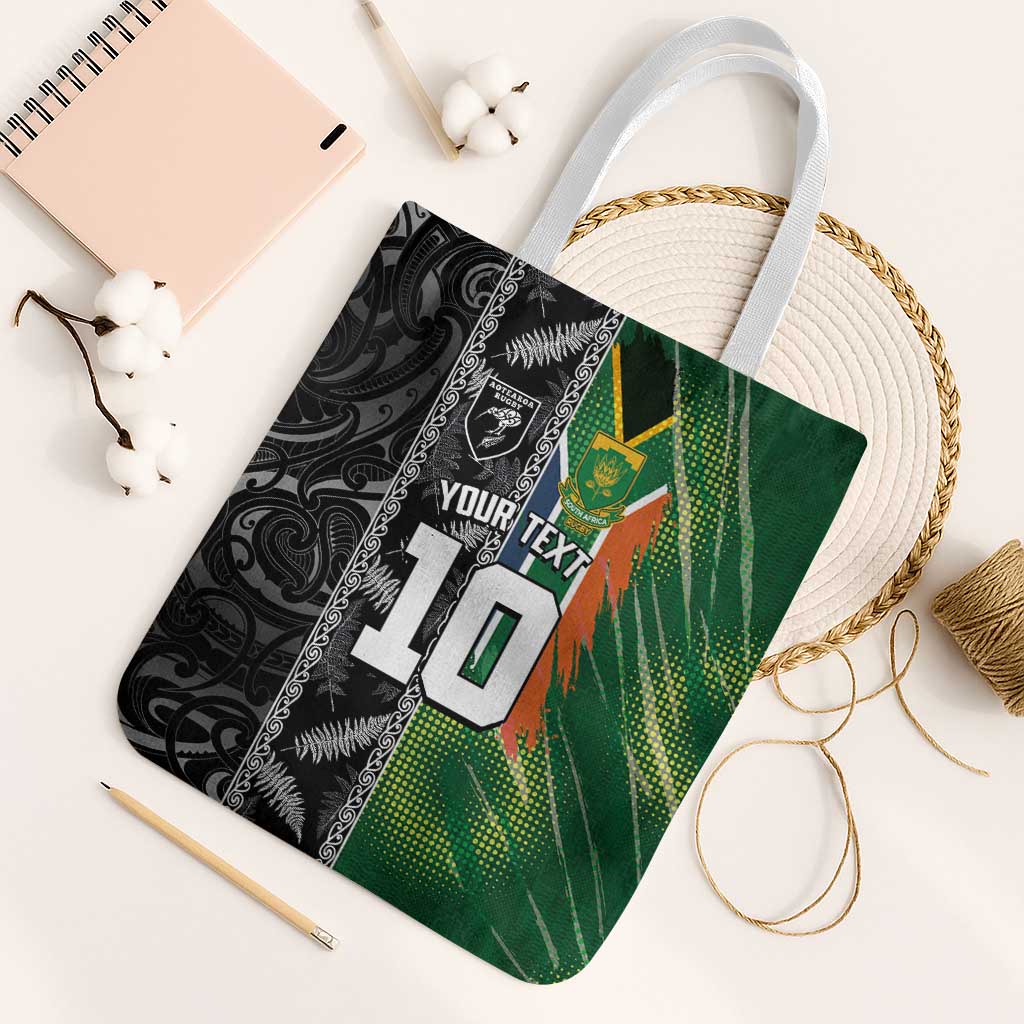 Custom Aotearoa South Africa Rugby Freedom Cup Tote Bag Maori Silver Fern Art and Sporty Flag SA LT03 White Strap One Size Black - Polynesian Pride
