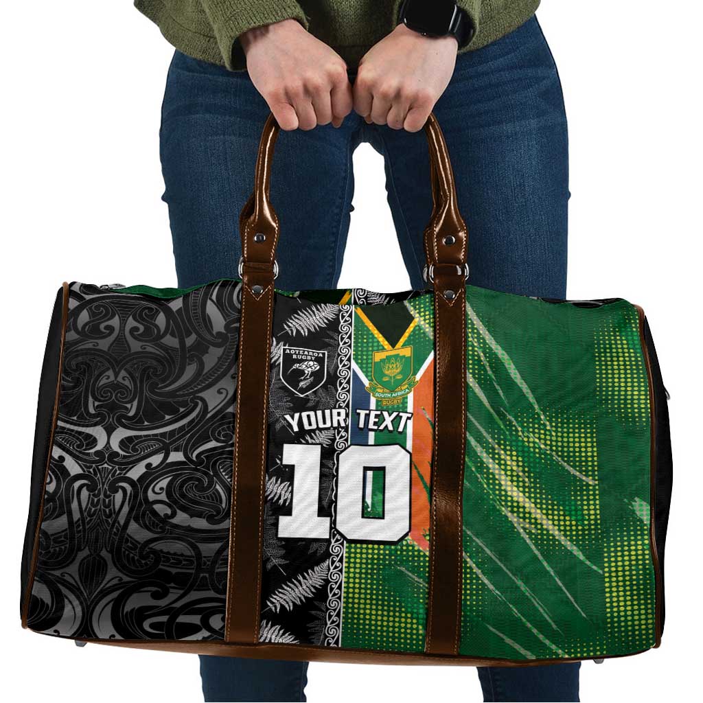 Custom Aotearoa South Africa Rugby Freedom Cup Travel Bag Maori Silver Fern Art and Sporty Flag SA LT03 Black - Polynesian Pride