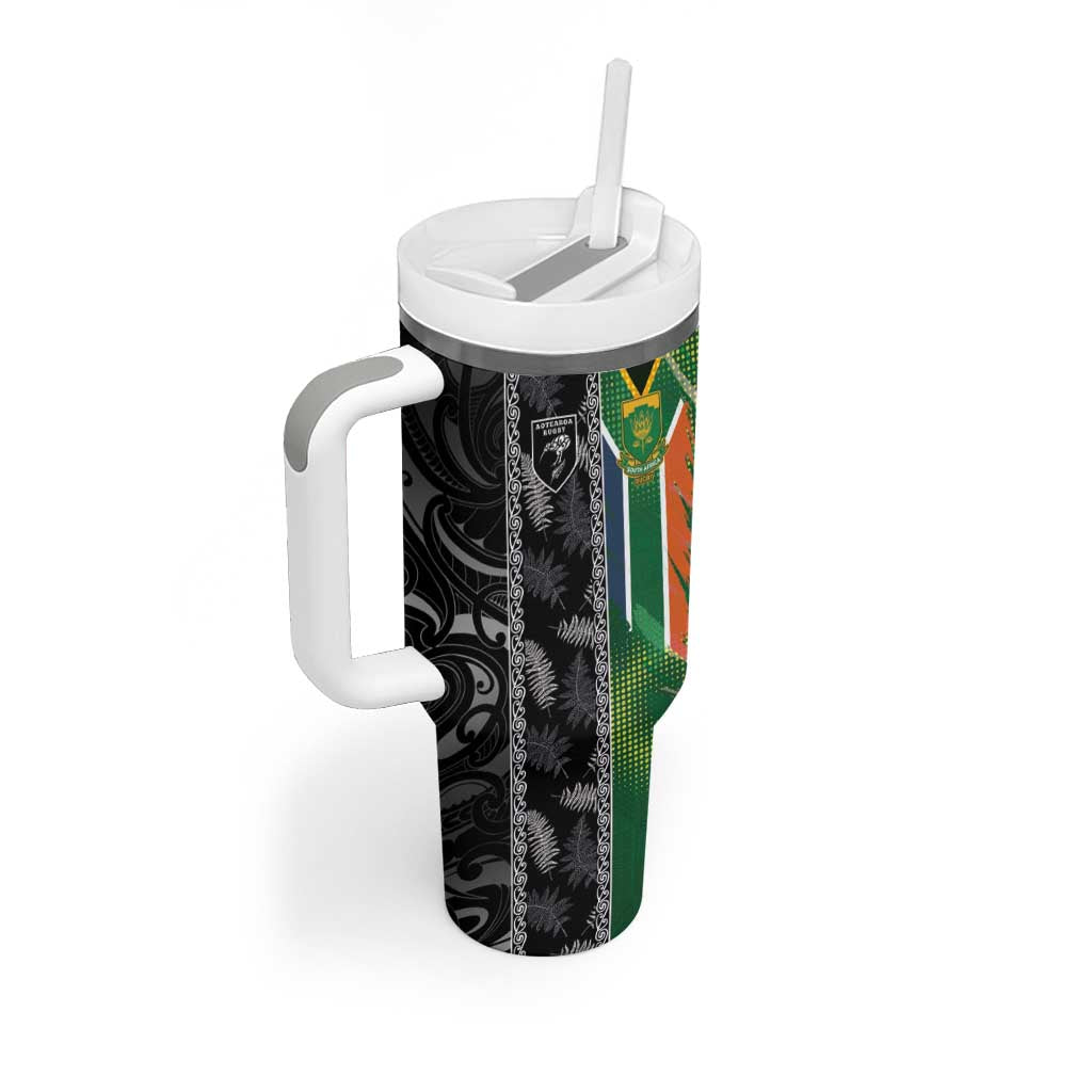 Custom Aotearoa South Africa Rugby Freedom Cup Tumbler With Handle Maori Silver Fern Art and Sporty Flag SA LT03 - Polynesian Pride