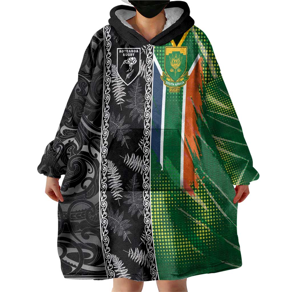 Custom Aotearoa South Africa Rugby Freedom Cup Wearable Blanket Hoodie Maori Silver Fern Art and Sporty Flag SA LT03 - Polynesian Pride