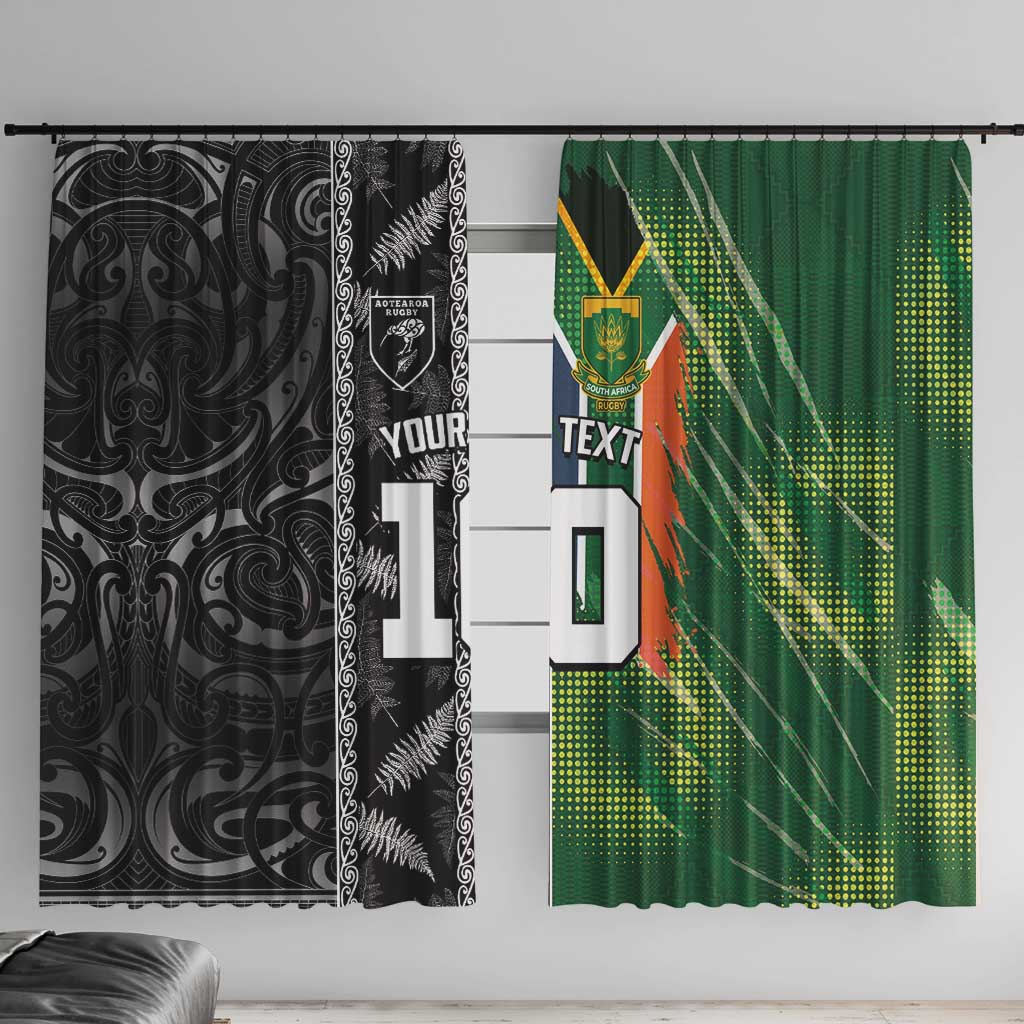 Custom Aotearoa South Africa Rugby Freedom Cup Window Curtain Maori Silver Fern Art and Sporty Flag SA LT03 With Hooks Black - Polynesian Pride