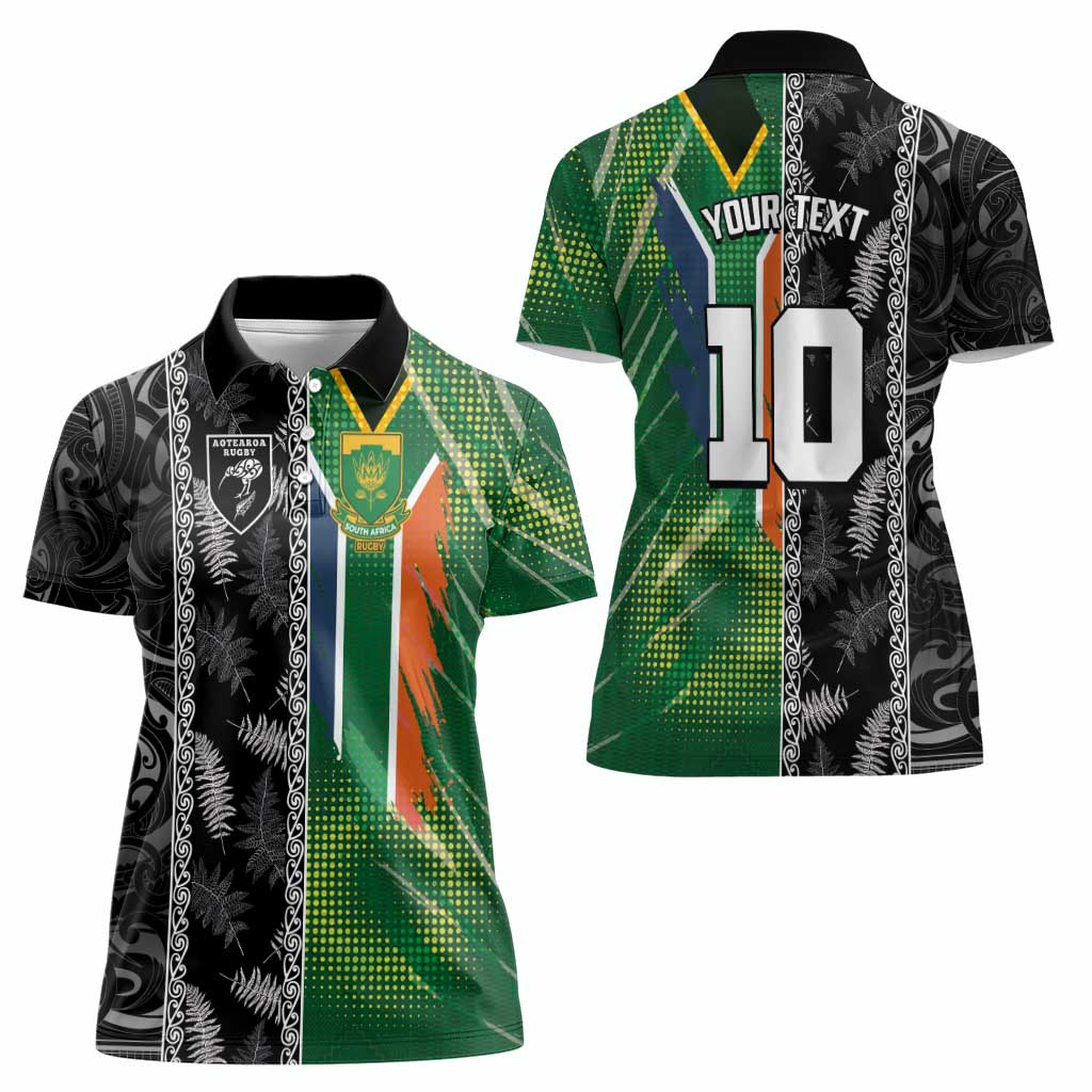 Custom Aotearoa South Africa Rugby Freedom Cup Women Polo Shirt Maori Silver Fern Art and Sporty Flag SA - Polynesian Pride